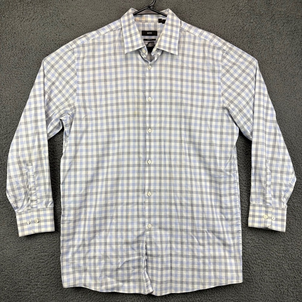 Boss Hugo Boss‎ Sharp Fit Mens 17 32/33 Blue White Gingham Dress Shirt